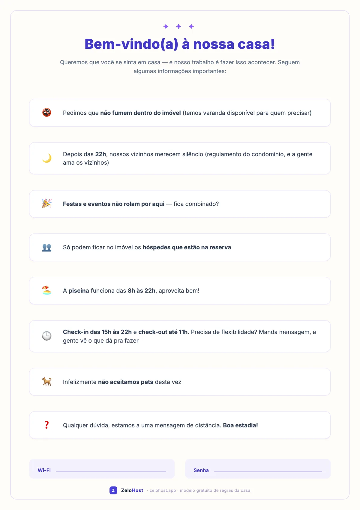 Regras da casa Airbnb para imprimir: modelo amigável em pôster A4, com emojis, tom acolhedor e campo para Wi-Fi e senha