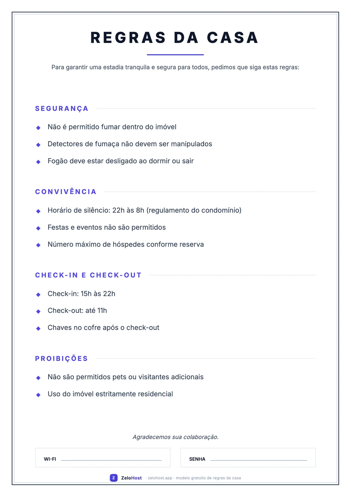 Regras da casa Airbnb para imprimir: modelo formal em pôster A4, com seções de segurança, convivência, check-in e proibições